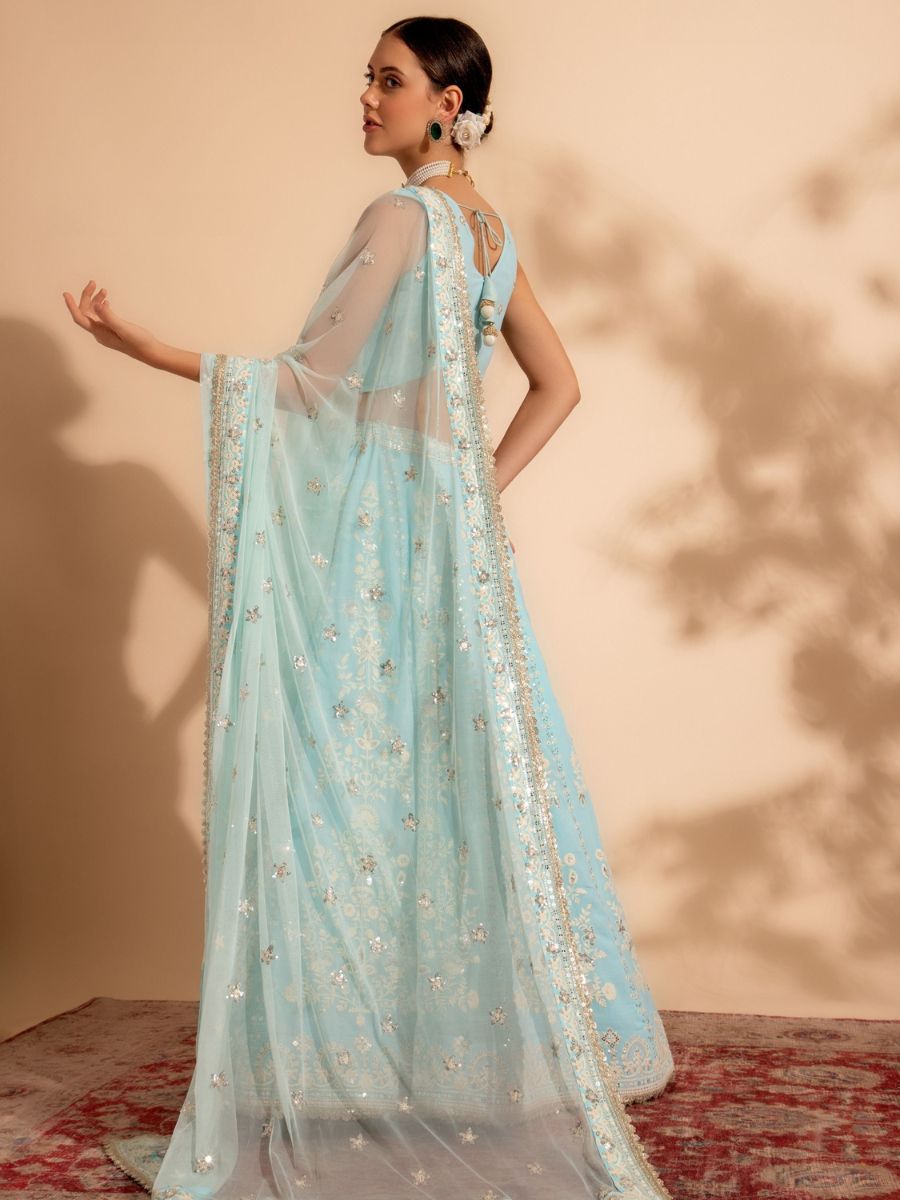 Ice Blue and Silver Sequins and Thread Work Georgette Lehenga - Dupatta - AllThingsAboutWedding