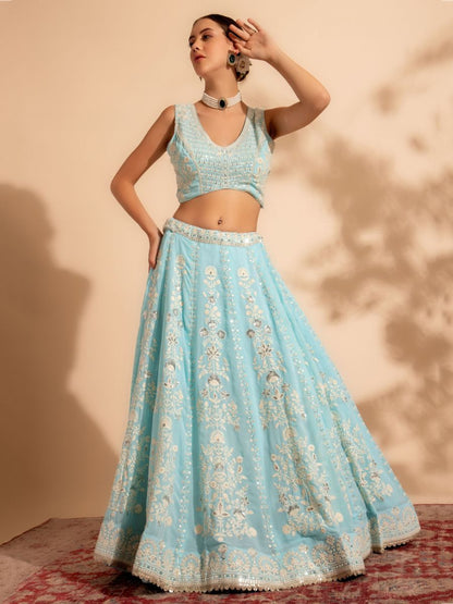 Ice Blue and Silver Sequins and Thread Work Georgette Lehenga without Dupatta - AllThingsAboutWedding