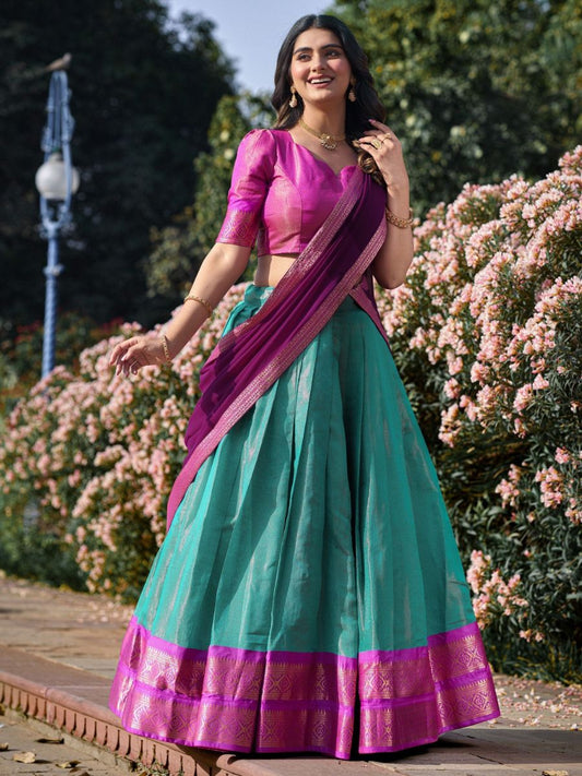 Buy Ice Blue and Magenta Pink Kanchipuram Half Silk Lehenga Choli Online - AllThingsAboutWedding