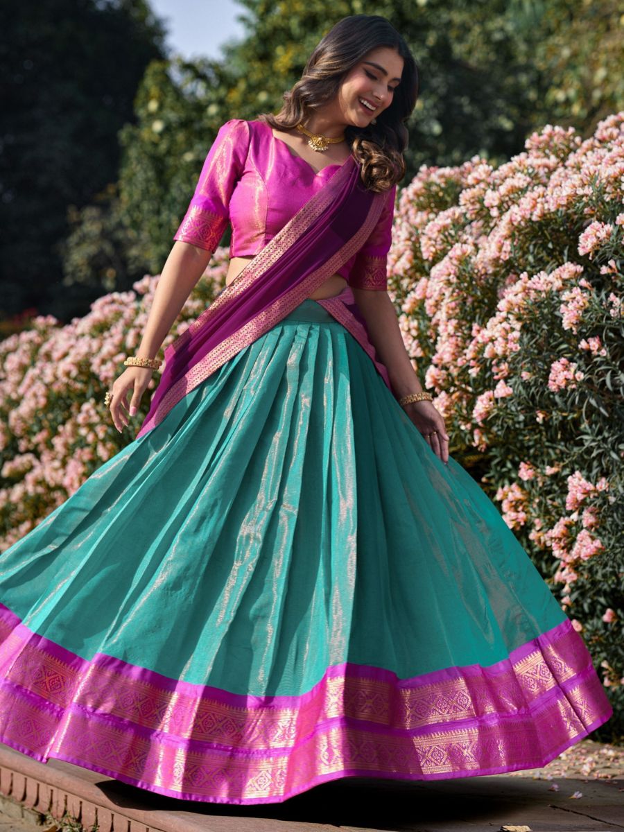 Ice Blue and Magenta Pink Kanchipuram Half Silk Lehenga Choli - Flair