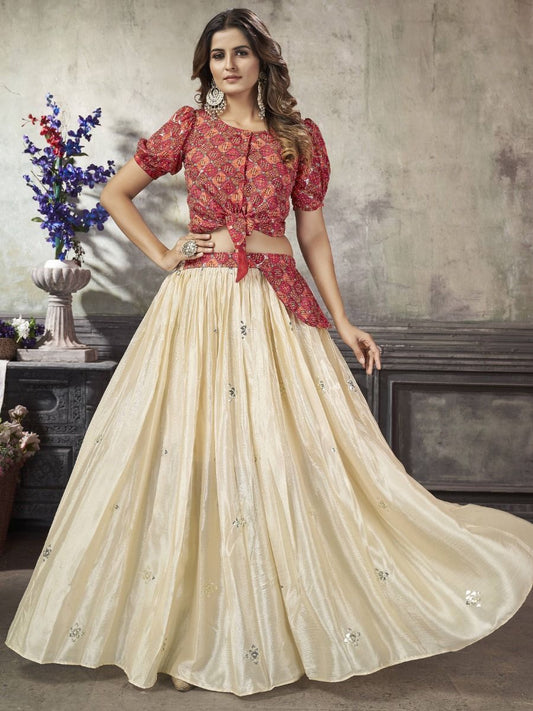 Buy Ivory Cream Sequin Work Art Silk Ready-to-wear Lehenga Choli Online - AllThingsAboutWedding