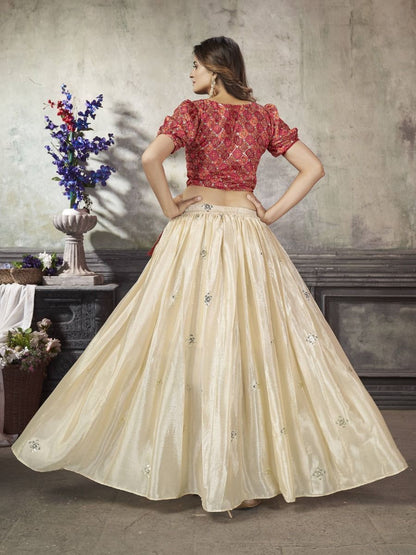 Ivory Cream Sequin Work Art Silk Ready-to-wear Lehenga Choli - Flair