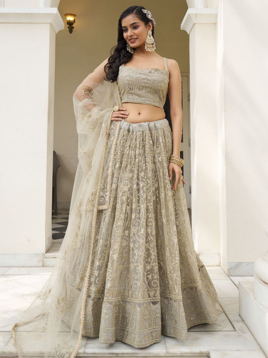 Buy Ivory Thread and Sequins Work Net Engagement Lehenga Choli Online - AllThingsAboutWedding