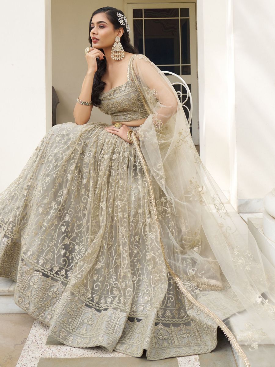 Ivory Thread and Sequins Work Net Engagement Lehenga - Flair