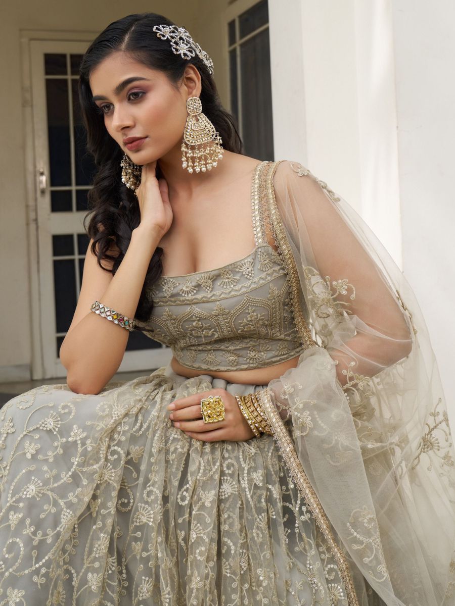 Ivory Thread and Sequins Work Net Engagement Lehenga - Blouse Front Neck