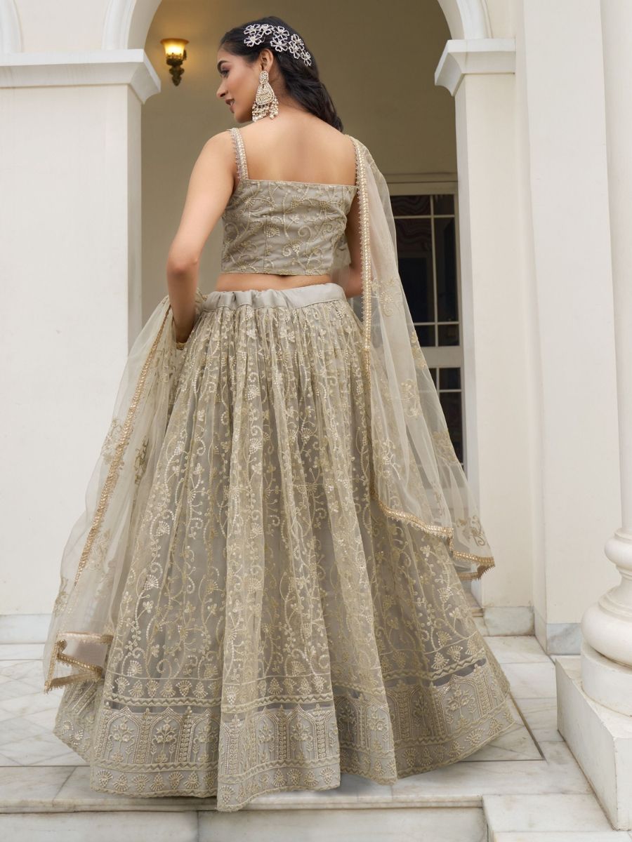 Ivory Thread and Sequins Work Net Engagement Lehenga - Back Side