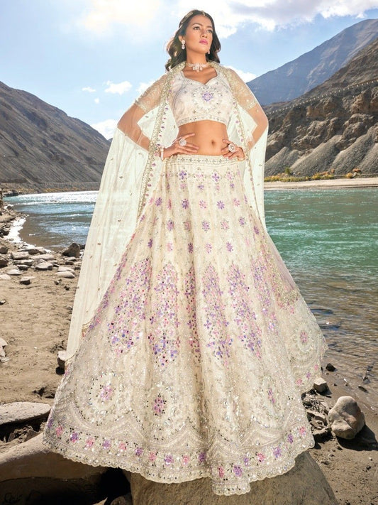 Buy Ivory and Purple Mirror Work Engagement Net Lehenga Choli Online - AllThingsAboutWedding