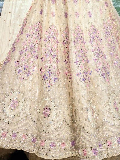 Ivory and Purple Engagement Net Lehenga Choli - Mirror Work Embrodiery