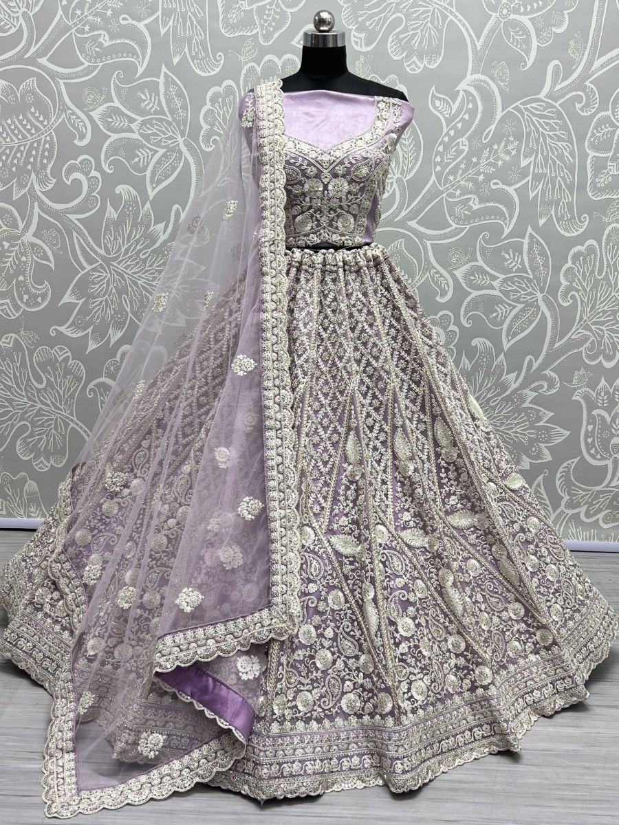 Buy Lavender Colour White Thread Work Bridal Net Lehenga Choli Online - AllThingsAboutWedding