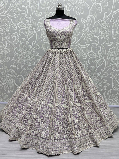 Lavender Colour White Thread Work Bridal Net Lehenga Choli without Dupatta