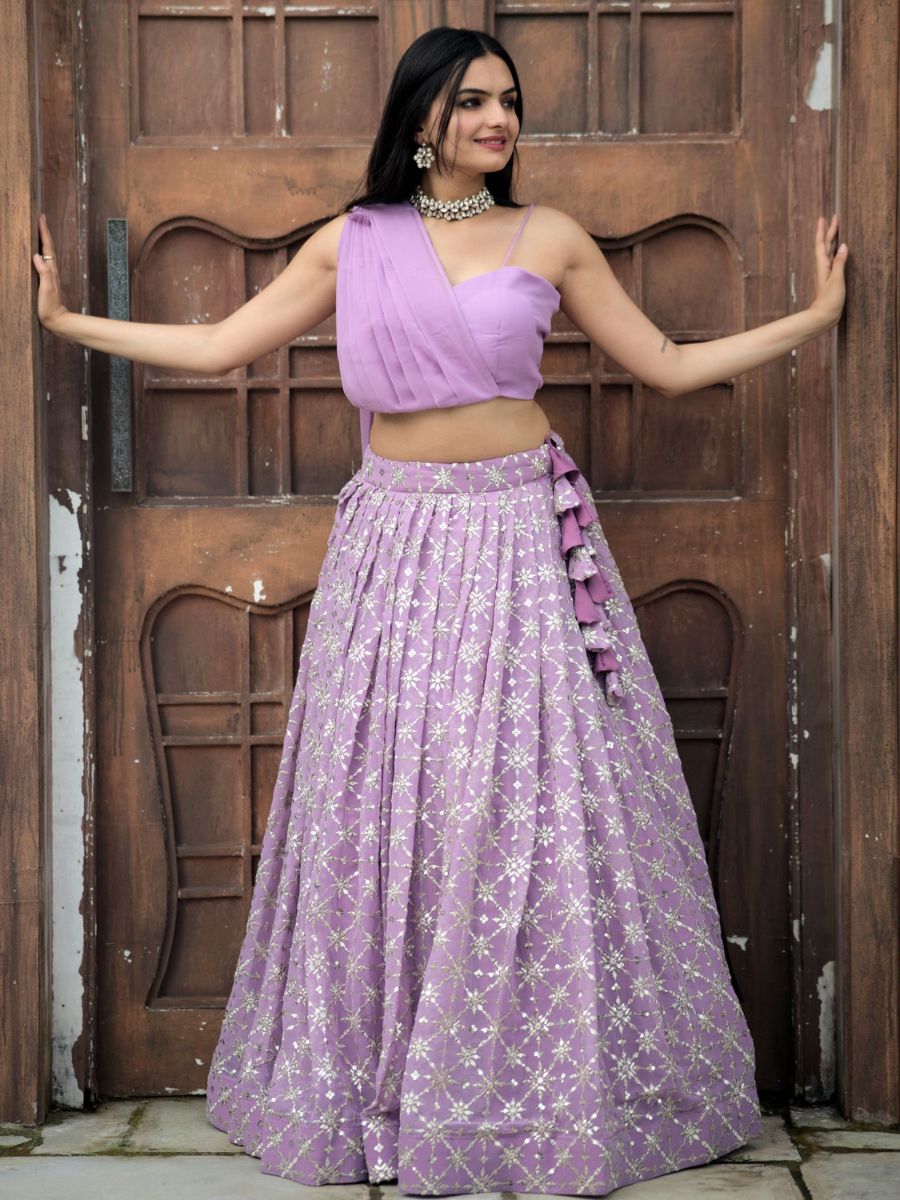 Buy Lavender Lilac Sequins Georgette Indo Western Crop Top Lehenga Online - AllThingsAboutWedding