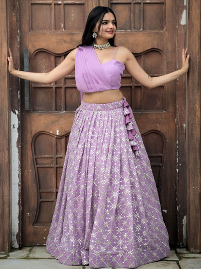 Buy Lavender Lilac Sequins Georgette Indo Western Crop Top Lehenga Online - AllThingsAboutWedding