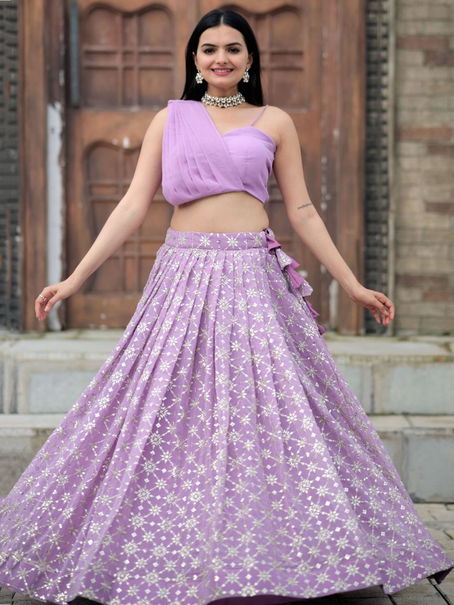 Lavender Lilac Sequins Georgette Indo Western Crop Top Lehenga - Flair