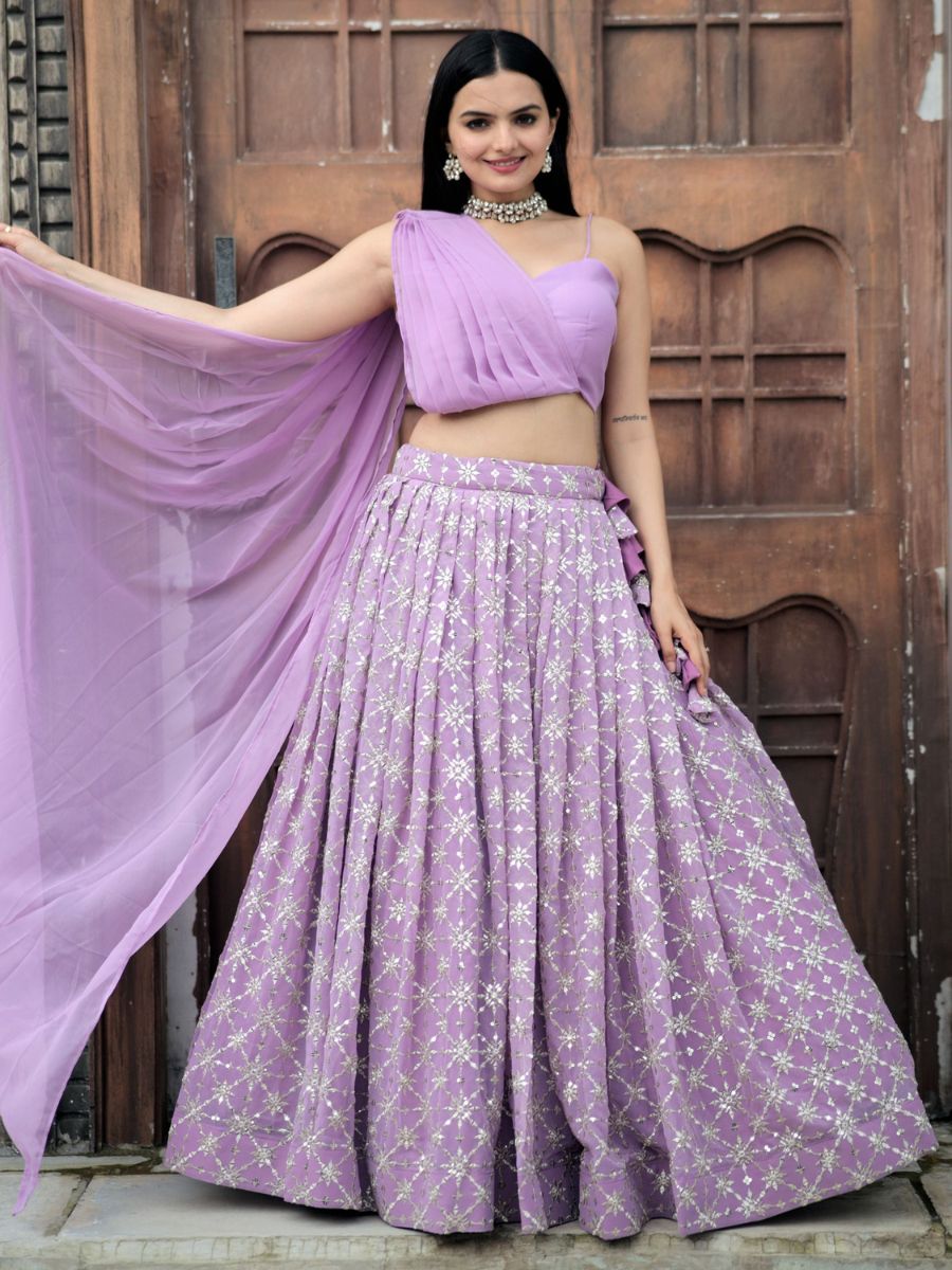 Lavender Lilac Sequins Georgette Indo Western Crop Top Lehenga - Attached Dupatta