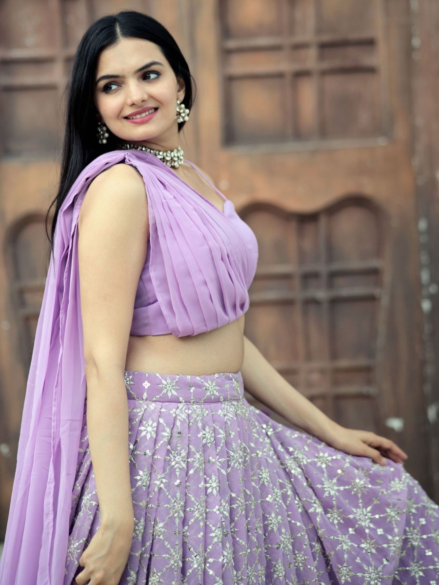 Lavender Lilac Sequins Georgette Indo Western Crop Top Lehenga - Side View