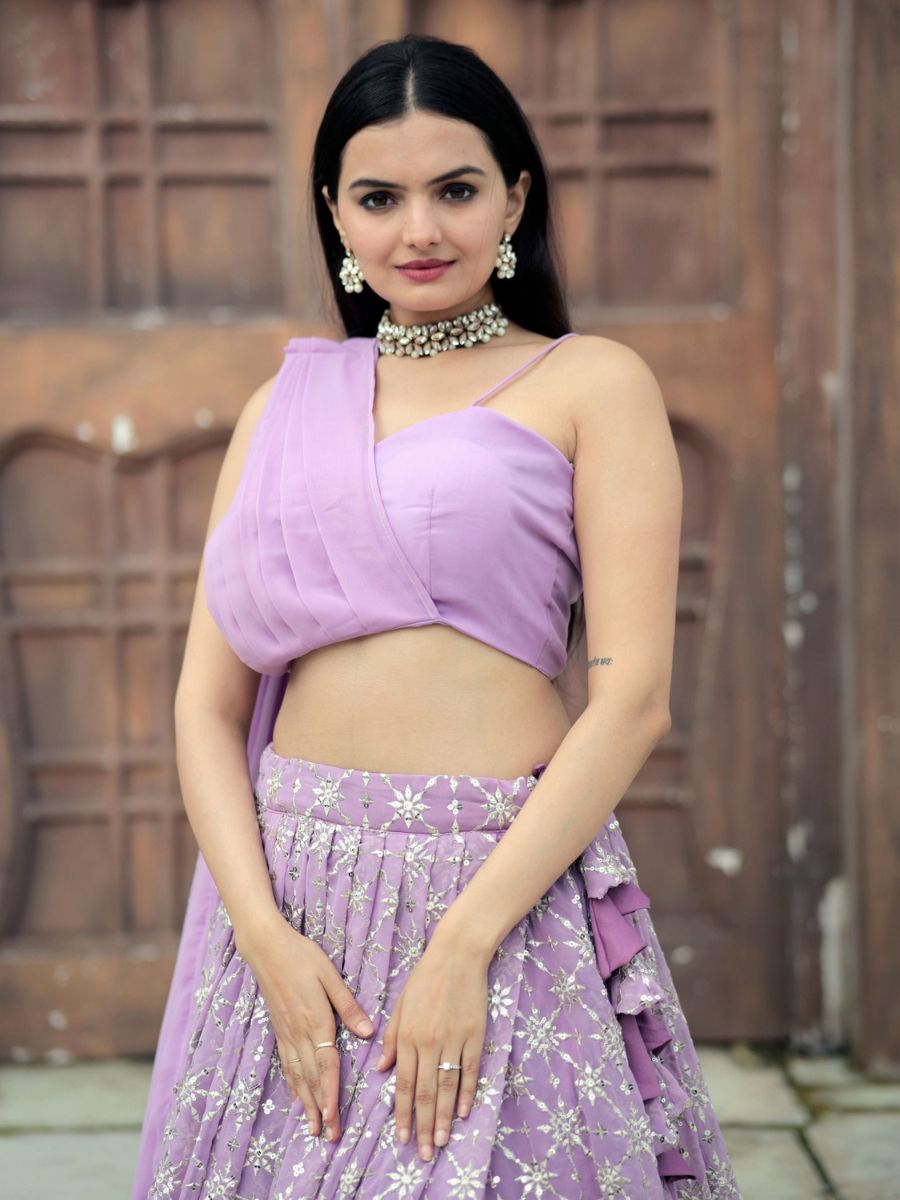 Lavender Lilac Sequins Georgette Indo Western Lehenga  - Crop Top Blouse