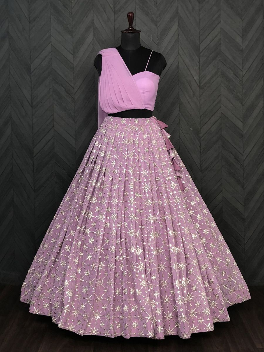 Lavender Lilac Sequins Georgette Indo Western Crop Top Lehenga - Real Picture