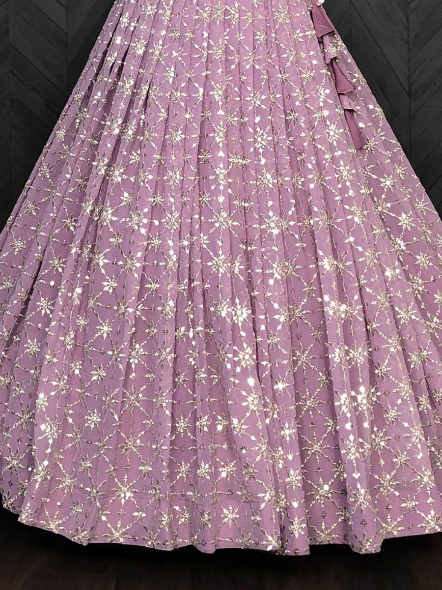 Lavender Lilac Georgette Indo Western Crop Top Lehenga - Sequins Work