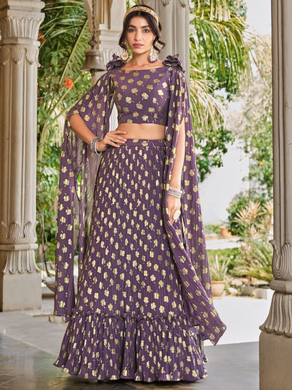 Buy Light Purple Crushed Georgette Cape Sleeve Party Wear Lehenga Online - AllThingsAboutWedding