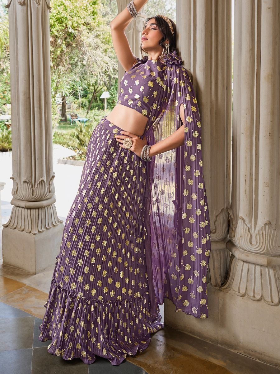 Light Purple Crushed Georgette Party Wear Lehenga - Long Cape Sleeve