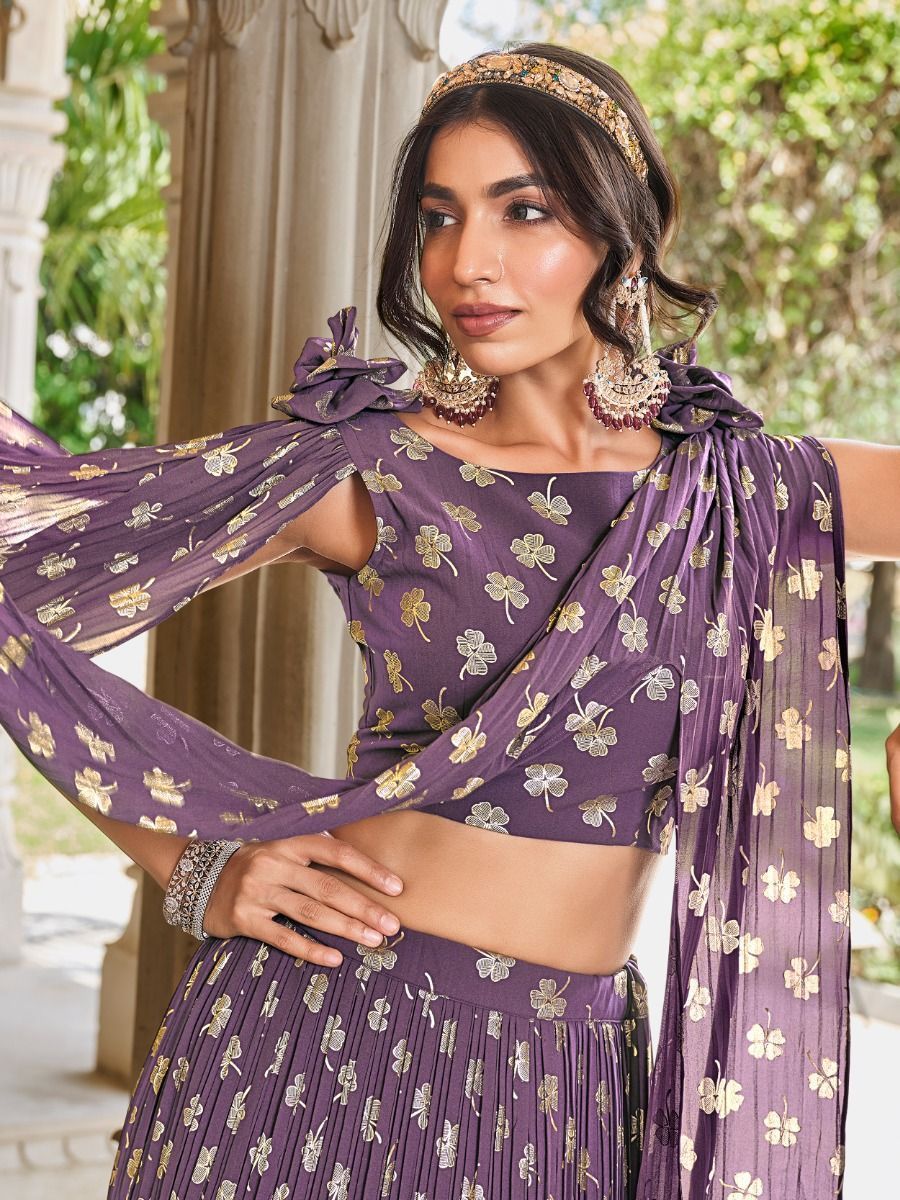 Light Purple Crushed Georgette Cape Sleeve Party Wear Lehenga - Blouse Front Neck