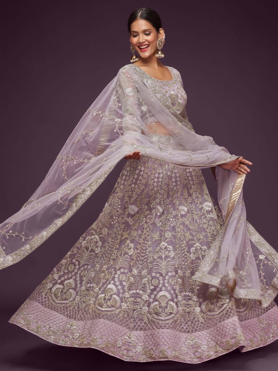 Lilac Thread Work Soft Net Party Wear Reception Lehenga Choli with Dupatta