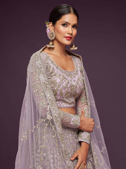 Lilac Thread Work Soft Net Party Wear Reception Lehenga Choli Blouse- Front Neck Design