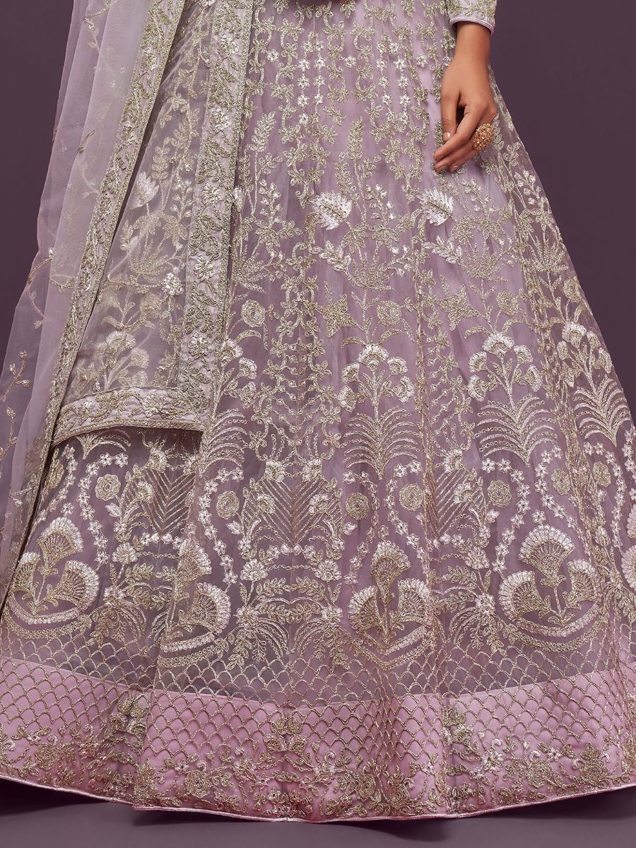 Lilac Soft Net Party Wear Reception Lehenga Choli - Thread Embroidery