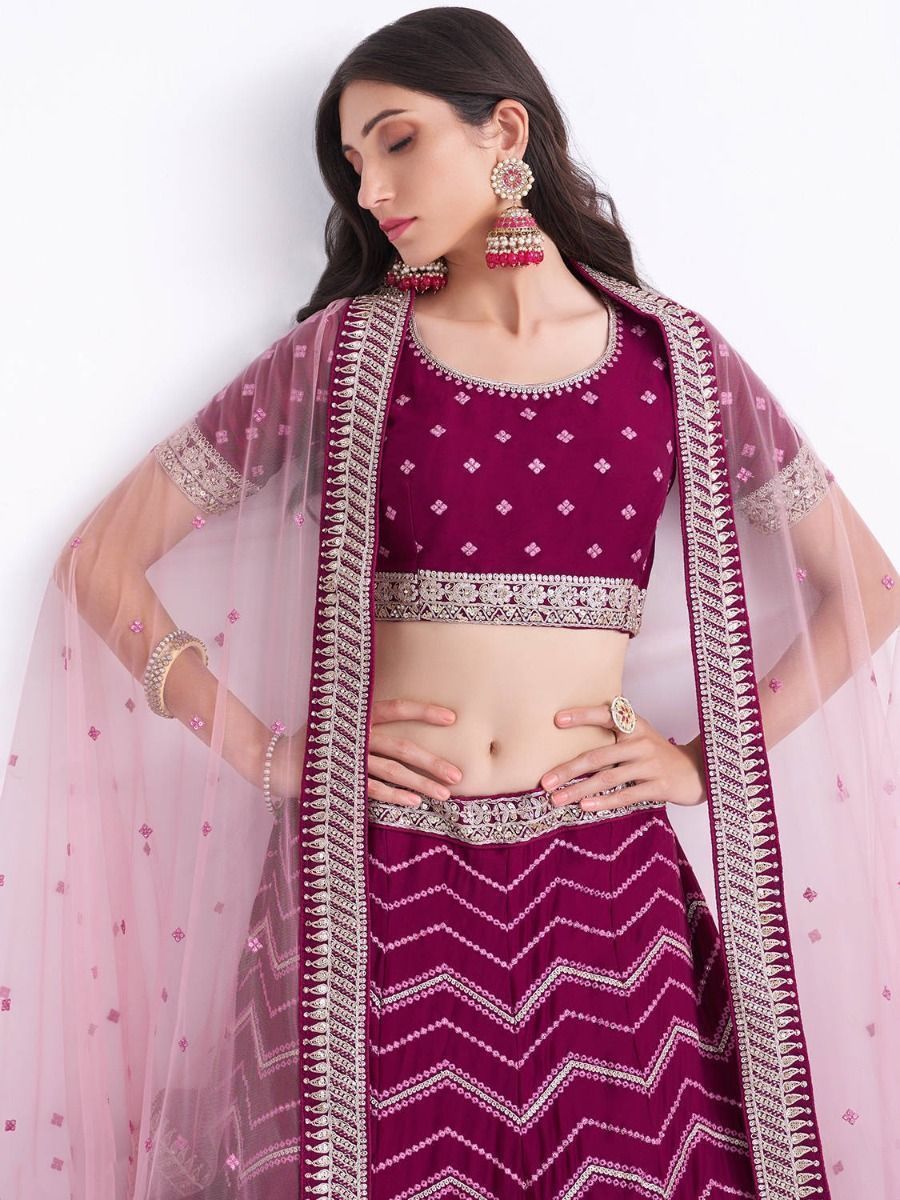 Magenta Pink Thread Work Georgette Bridal Lehenga Choli with Dupatta