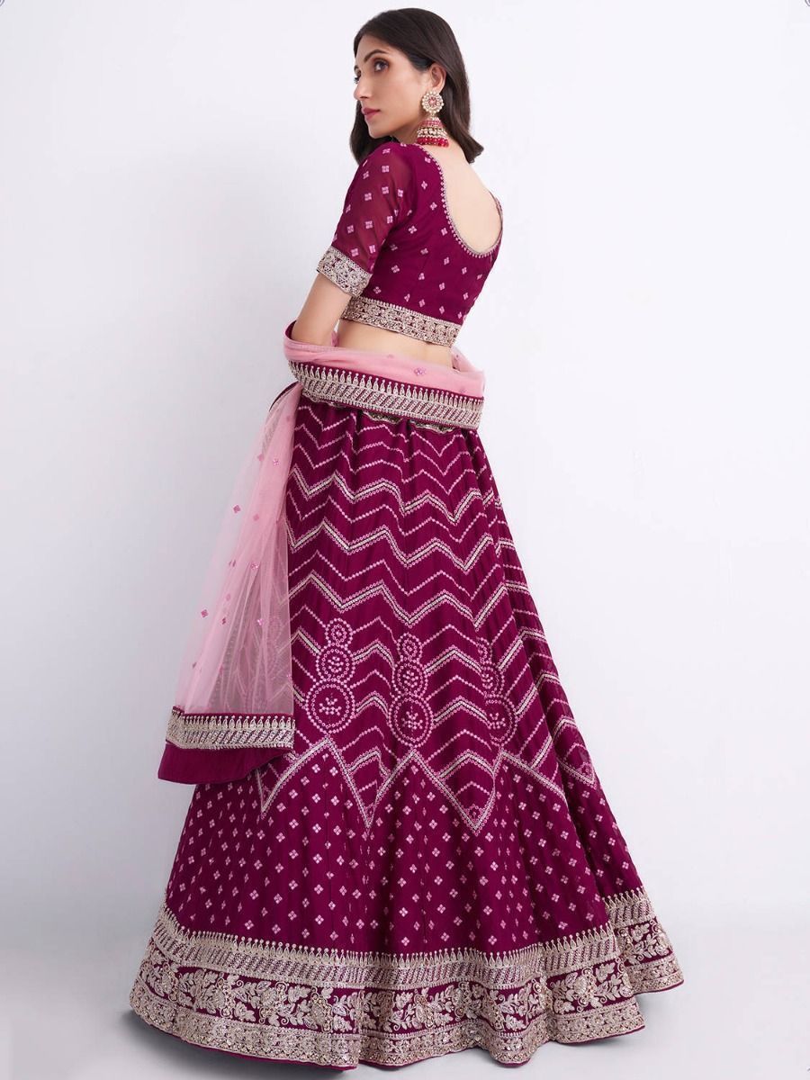 Magenta Pink Thread Work Georgette Bridal Lehenga Choli - Back Side