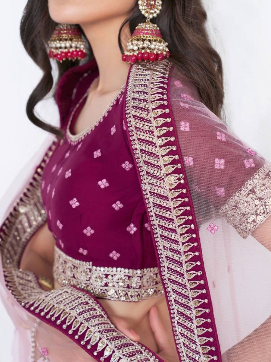 Magenta Pink Georgette Bridal Lehenga Choli - Duaptta Embroidery Work 