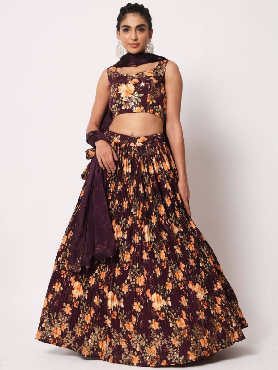 Buy Maroon Crushed Art Silk Floral Printed Party Lehenga Choli - AllThingsAboutWedding