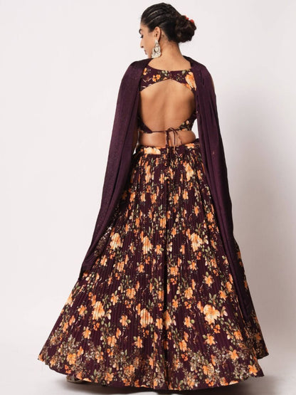 Maroon Crushed Art Silk Floral Printed Party Lehenga Choli - Back Side