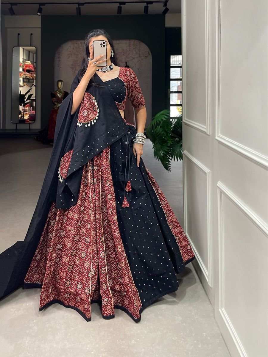 Buy Maroon and Black Gamthi Printed Patchwork Cotton Chaniya Choli Online - AllThingsAboutWedding