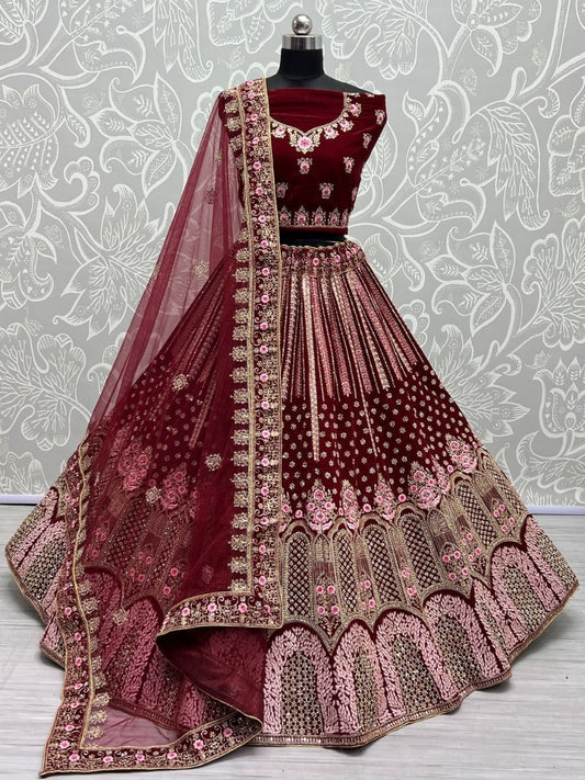 Buy Maroon and Pink Thread Work Velvet Bridal Lehenga Choli Online - AllThingsAboutWedding