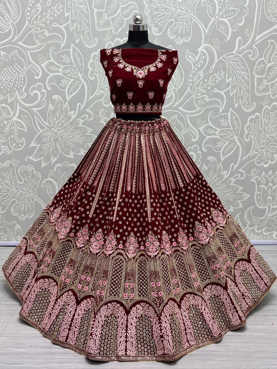 Maroon and Pink Thread Work Velvet Bridal Lehenga Choli without Dupatta