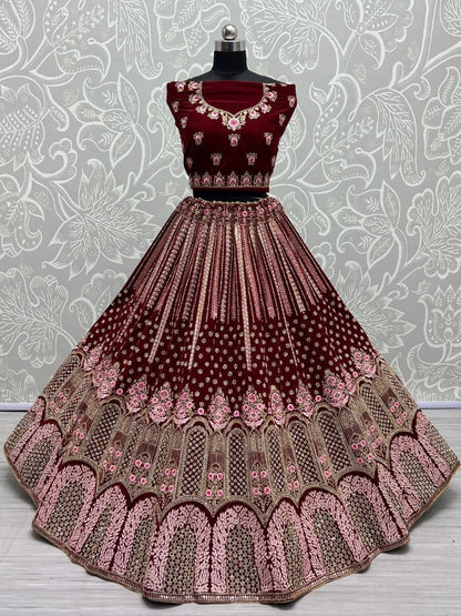 Maroon and Pink Thread Work Velvet Bridal Lehenga Choli without Dupatta