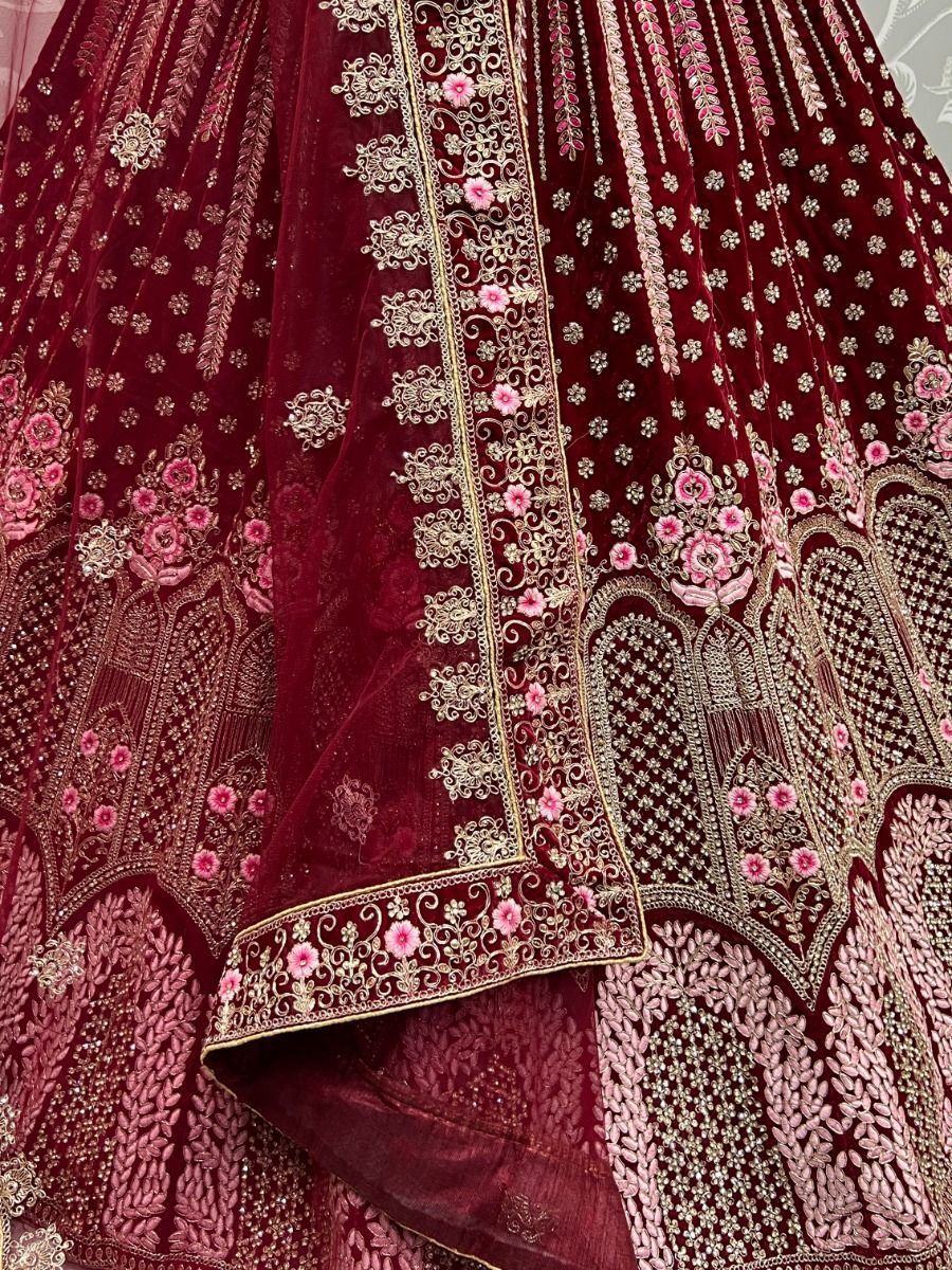 Maroon and Pink Thread Work Velvet Bridal Lehenga Choli - Dupatta Work