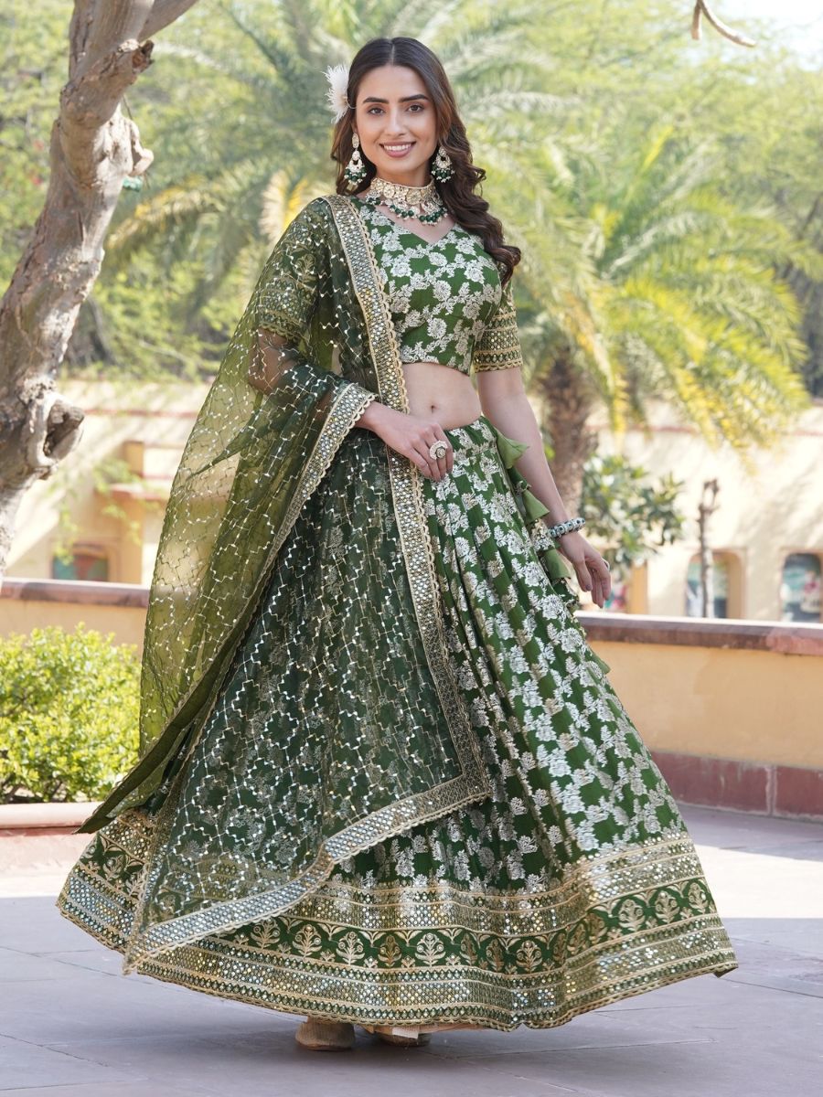 Buy Mehendi Green Banarasi Jacquard Silk Lehenga Choli Online - AllThingsAboutWedding