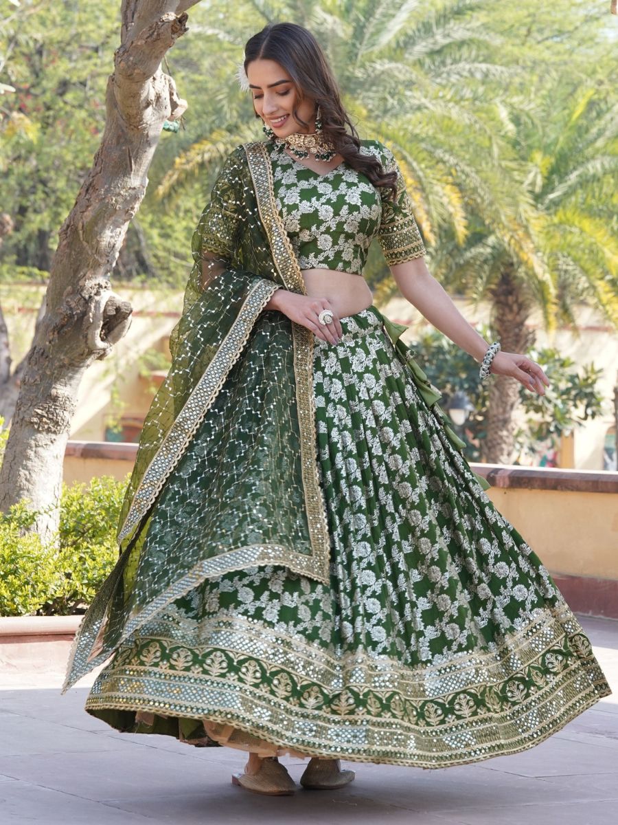 Mehendi Green Banarasi Jacquard Silk Lehenga Choli - Flair