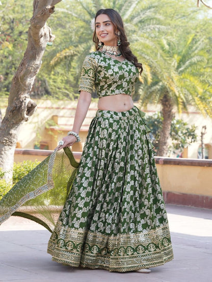 Mehendi Green Banarasi Jacquard Silk Lehenga Choli without Dupatta