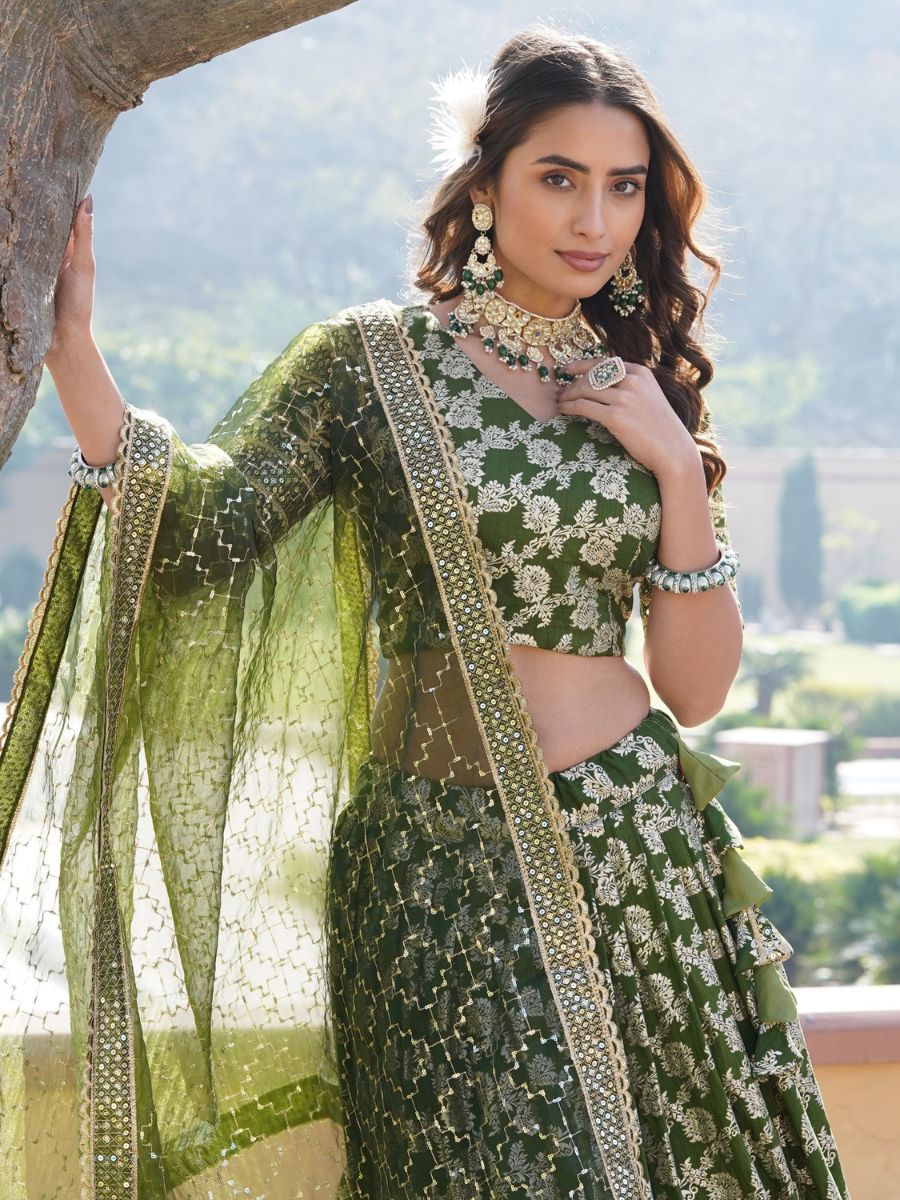 Mehendi Green Banarasi Jacquard Silk Lehenga - Blouse Front Neck