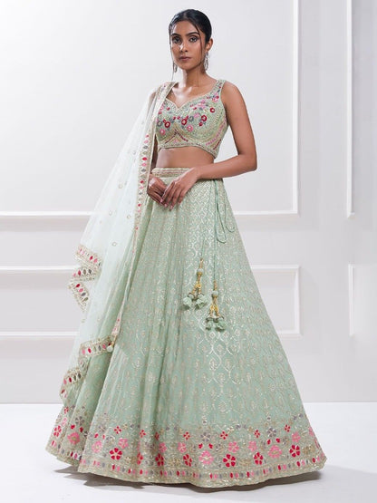 Buy Mint Green Floral Sequins Work Georgette Lehenga Choli Online - AllThingsAboutWedding