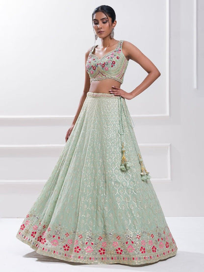 Mint Green Floral Sequins Work Georgette Lehenga Choli without Dupatta