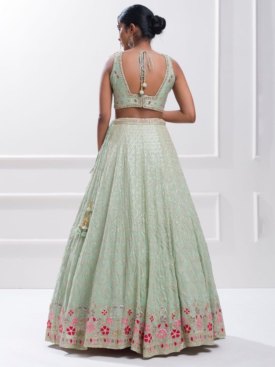 Mint Green Floral Sequins Work Georgette Lehenga Choli - Back Neck Design