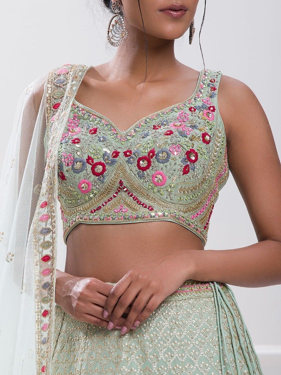 Mint Green Floral Sequins Work Georgette Lehenga - Blouse Embroidery