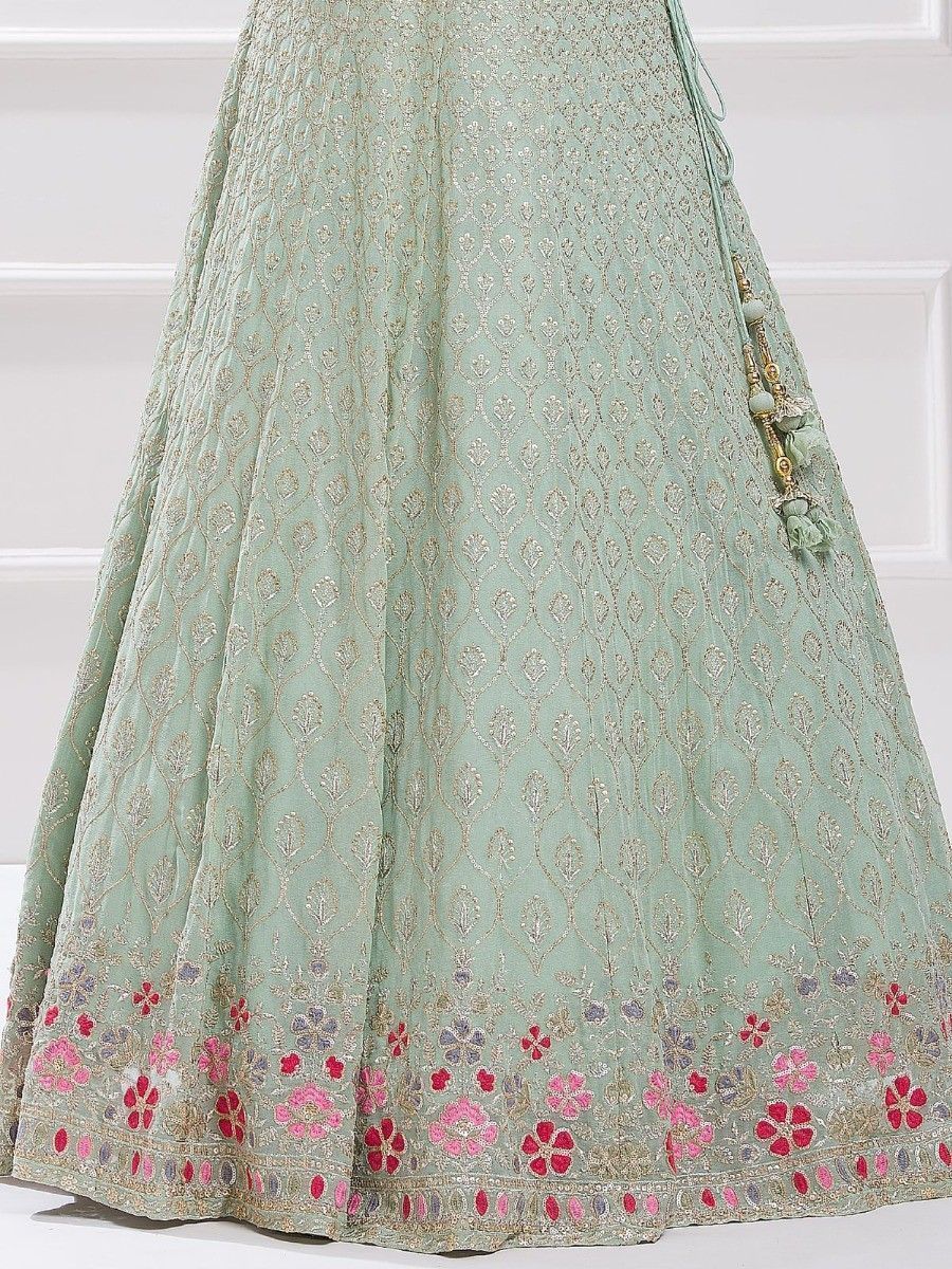 Mint Green Floral Sequins Work Georgette Lehenga - Embroidery