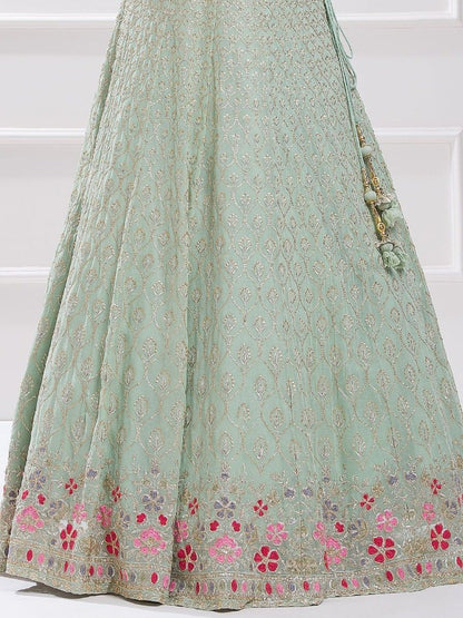 Mint Green Floral Sequins Work Georgette Lehenga - Embroidery