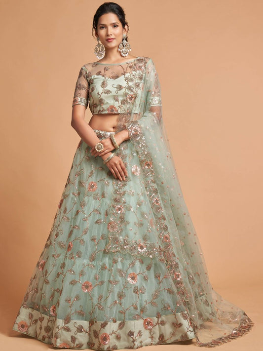 Buy Mint Green Thread and Sequins Embroidered Net Lehenga Choli Online - AllThingsAboutWedding