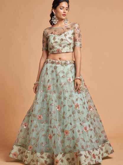 Mint Green Thread and Sequins Embroidered Net Lehenga Choli without Dupatta